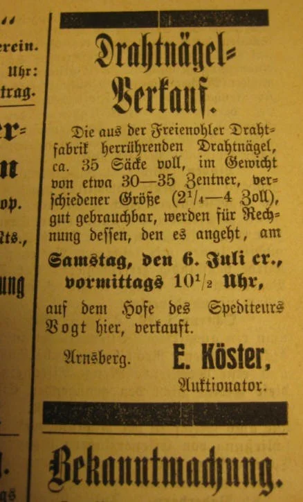 Zeitungsartikel Drathnägelverkauf 1905
