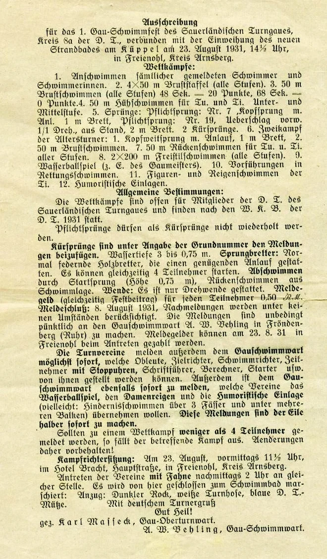 Ausschreibung für das 1. Gau-Schwimmfest des Sauerländischen Turngaues 1931