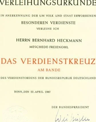 Urkunde zur Verdienstmedaille des Verdienstordens der Bundesrepublik Deutschland
