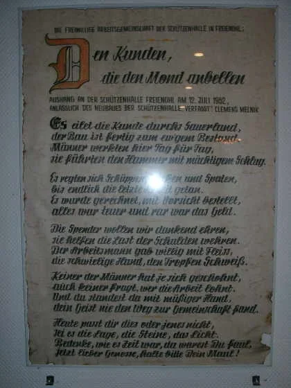 Aushang an der Schützenhalle am 12. Juni 1952 anlässlich des Neubaues der Schützenhalle

