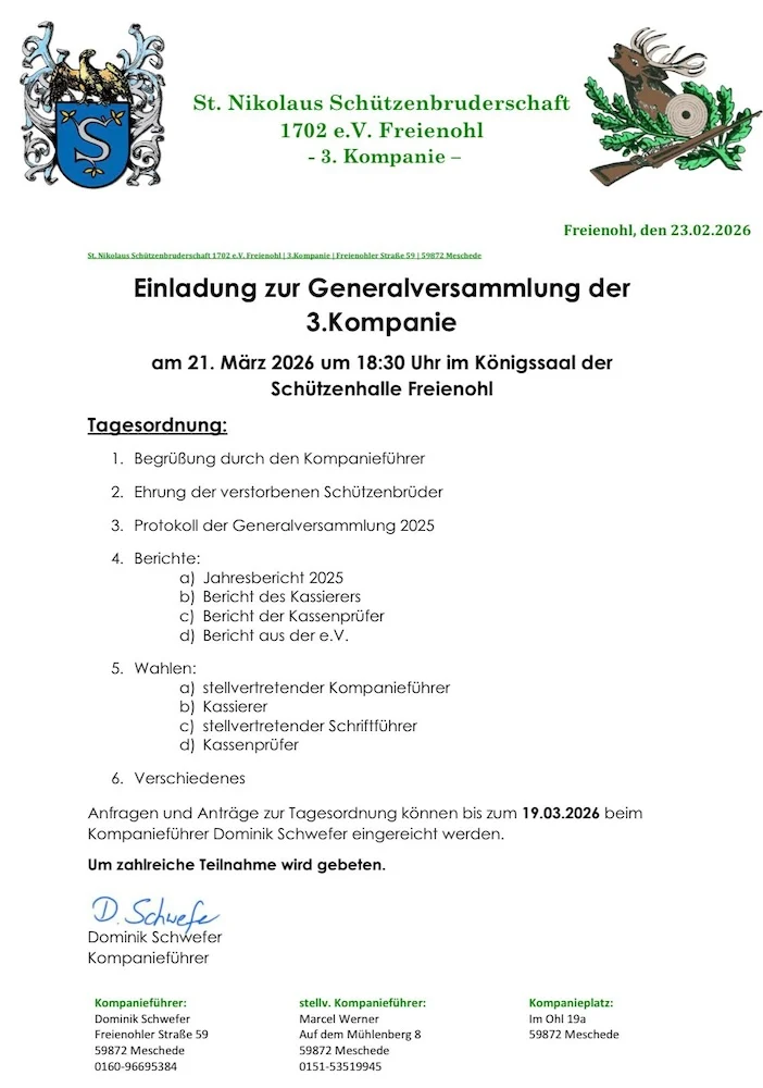 Einladung Generalversammlung 3. Kompanie