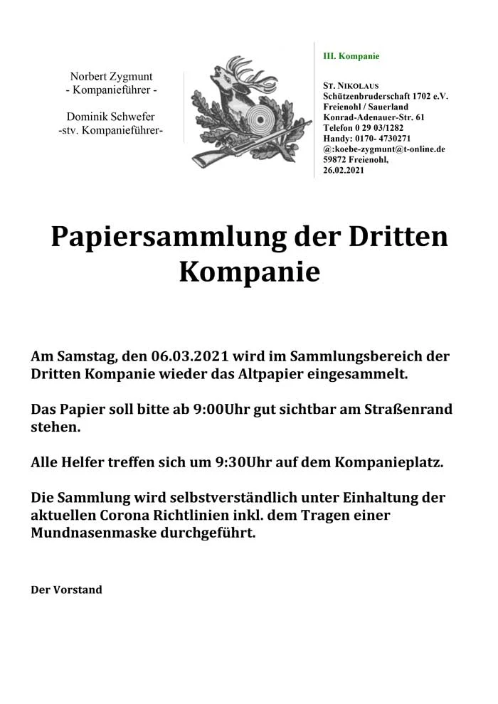 Papiersammlung der Dritten Kompanie am 06.03.2021
