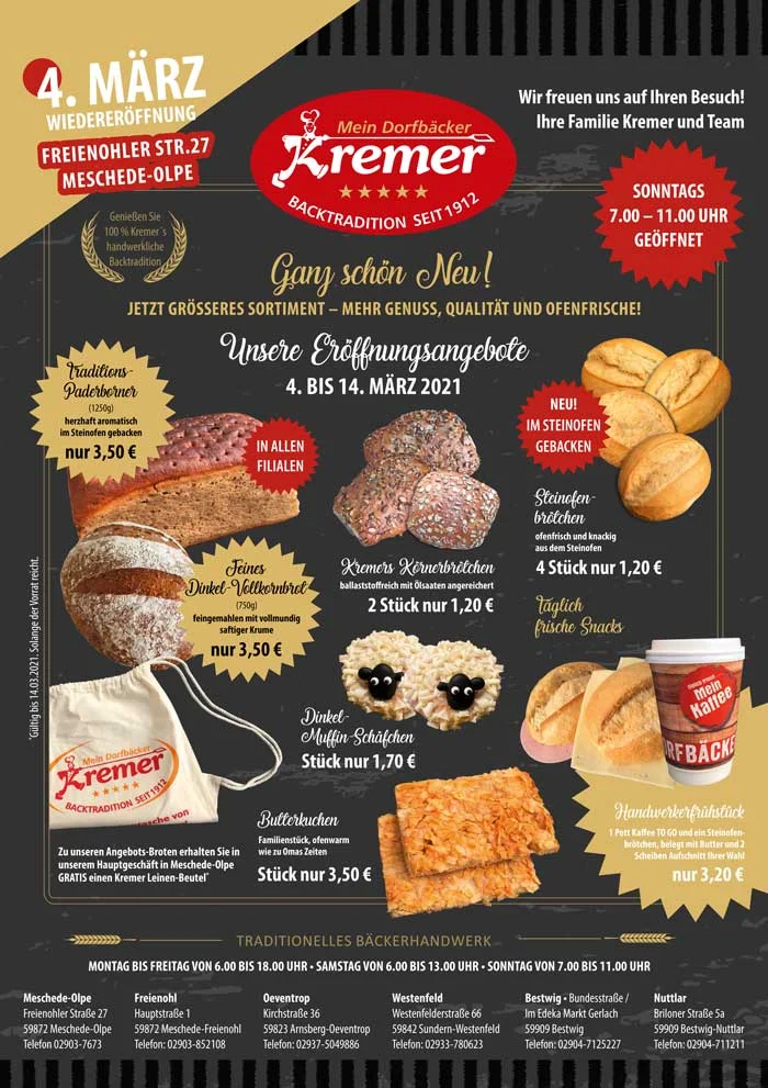 Neueröffnung am 04.03.2021 nach Umbau: Bäckerei Kremer in Olpe
