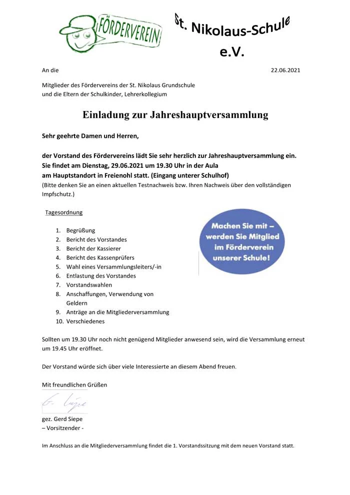 Einladung zur Jahreshauptversammlung des Fördervereins der St. Nikolaus Grundschule
