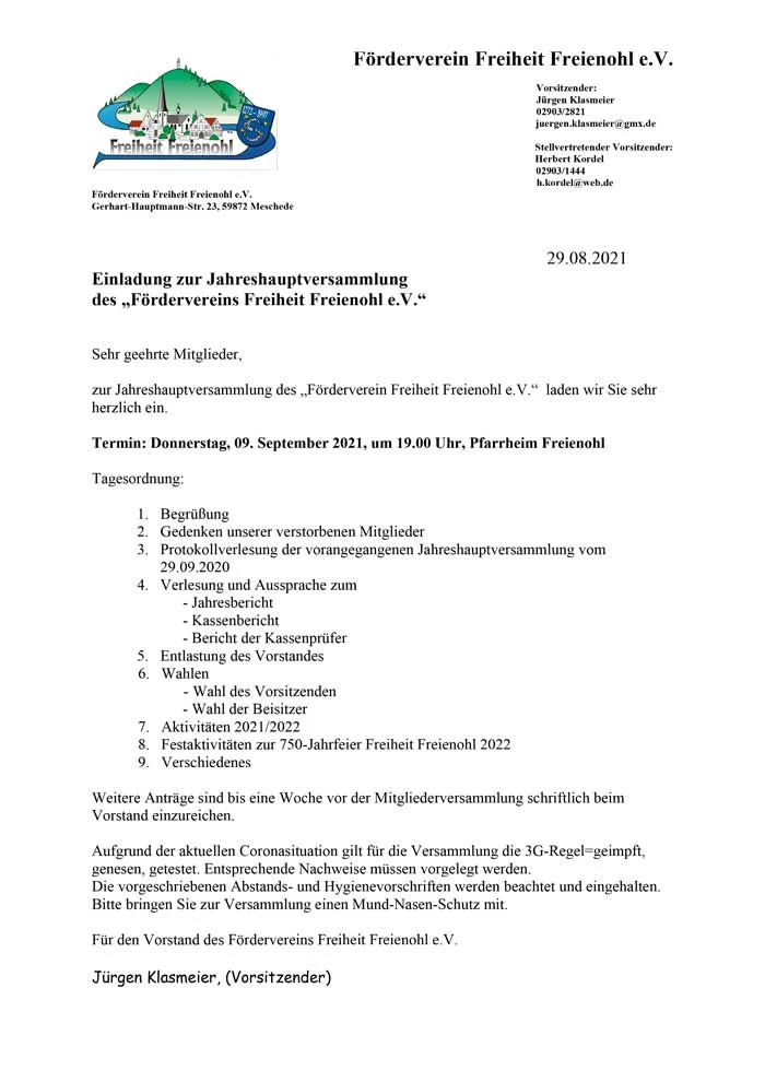 Einladung zur Jahreshauptversammlung des „Fördervereins Freiheit Freienohl e.V.“
