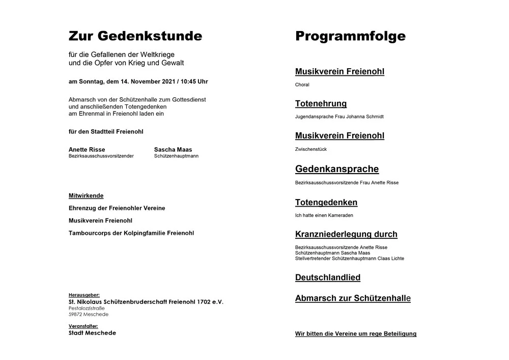 Alle Freienohler Vereine beim Volkstrauertag am 14.11.2021, 10:45 Uhr
