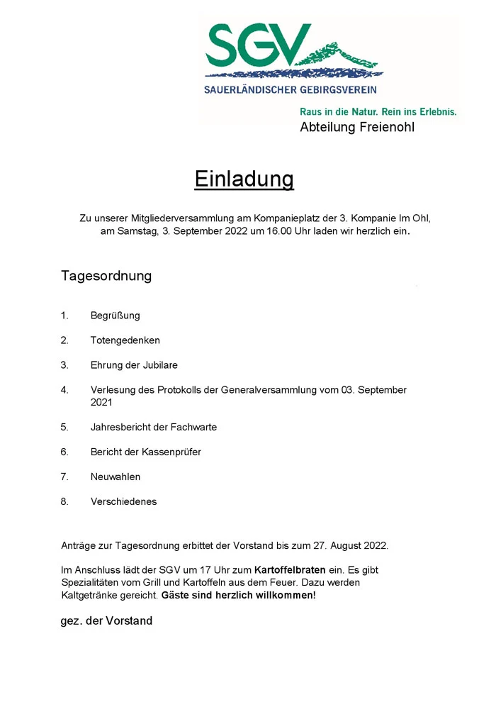 SGV lädt zur Mitgliederversammlung mit anschließendem Kartoffelbraten ein
