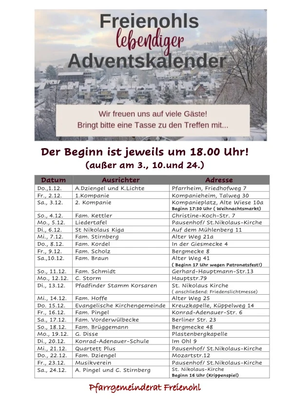 Lebendiger Adventskalender: Termine und Stationen
