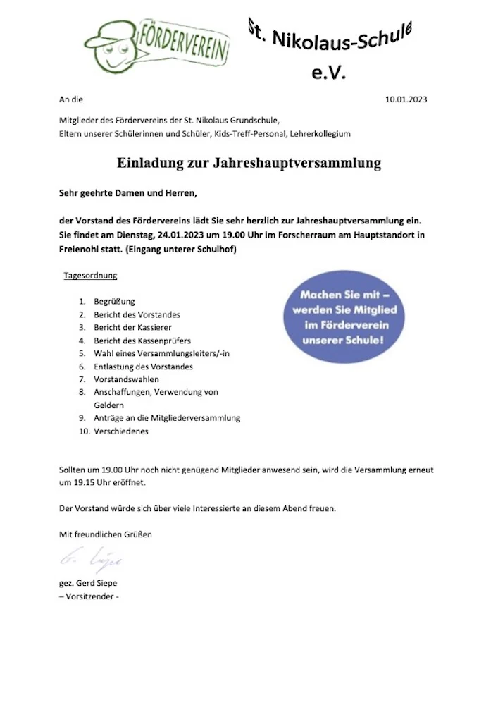 Einladung zur Jahreshauptversammlung des Fördervereins der St. Nikolaus Grundschule
