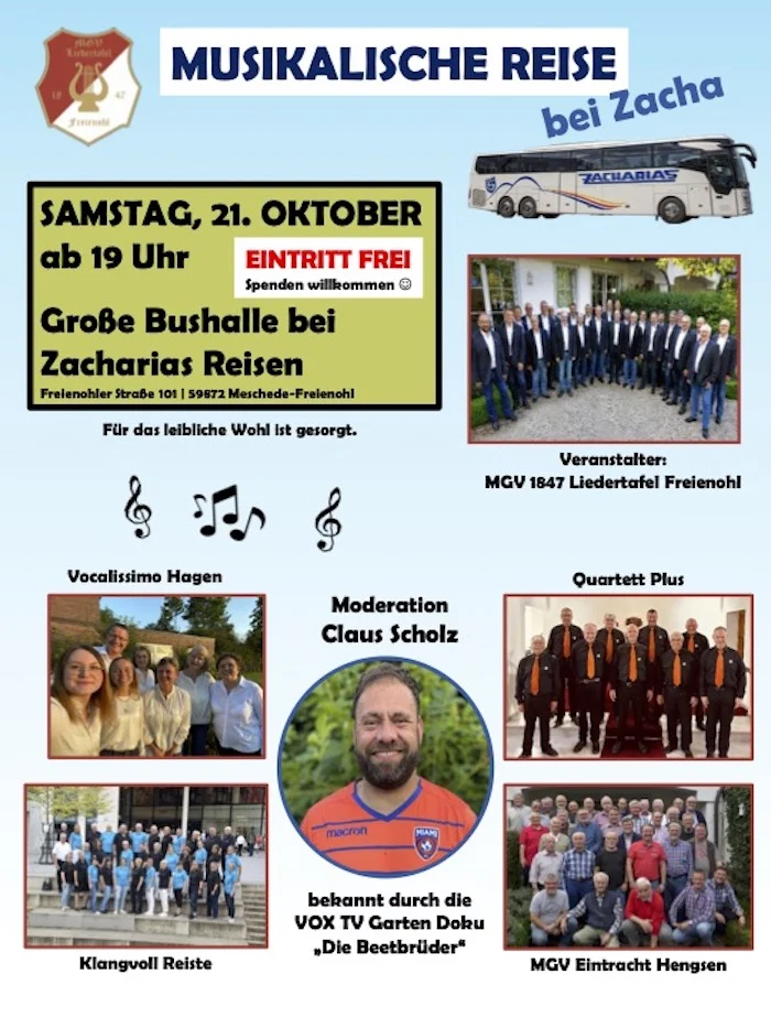 Livegesang in der großen Bushalle bei Zacharias Reisen