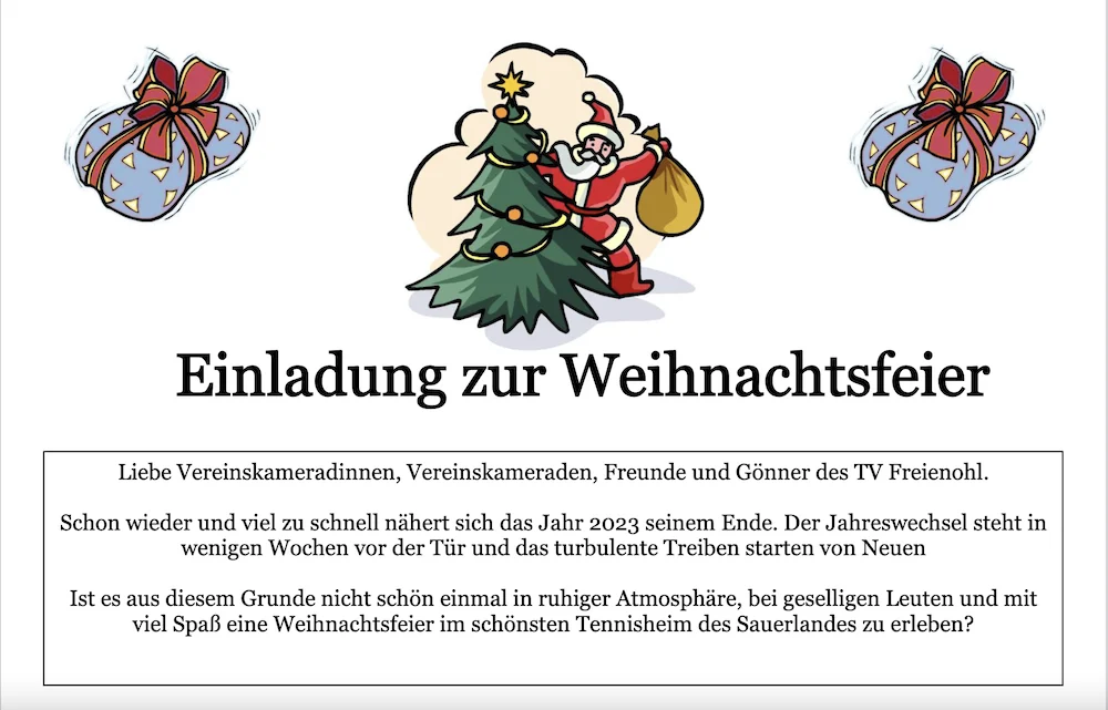 Einladung zur Weihnachtsfeier des Tennisvereins