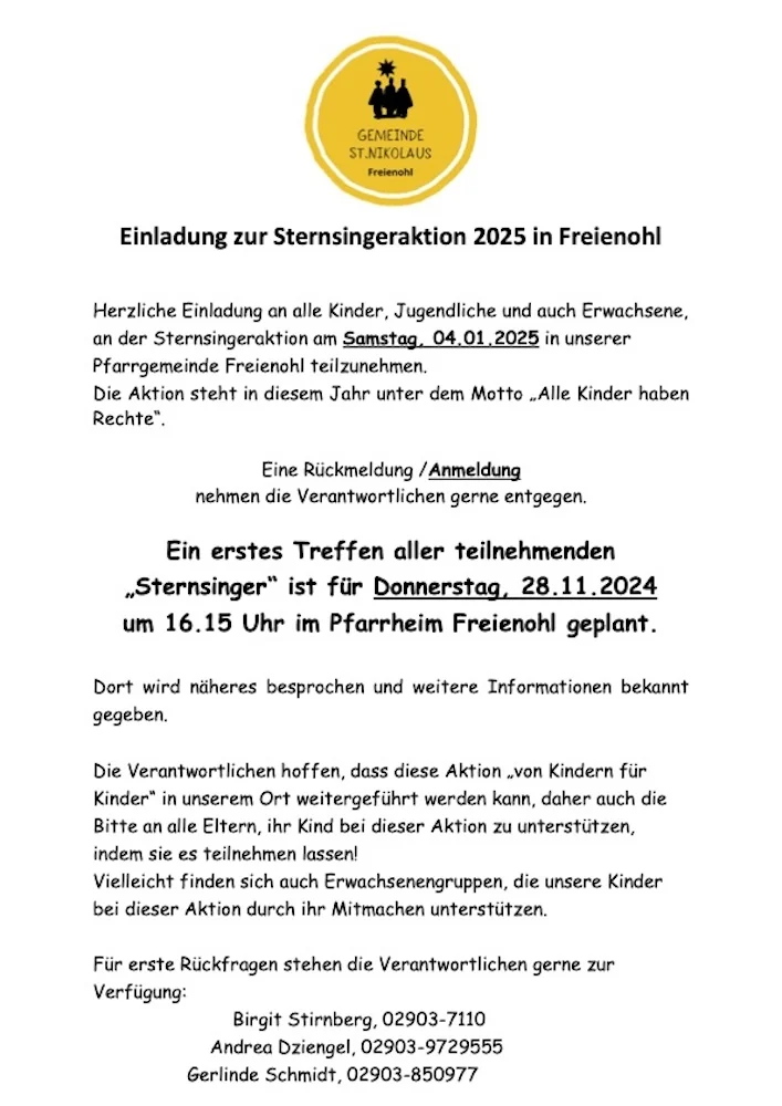 Einladung zur Sternsingeraktion 2025 in Freienohl