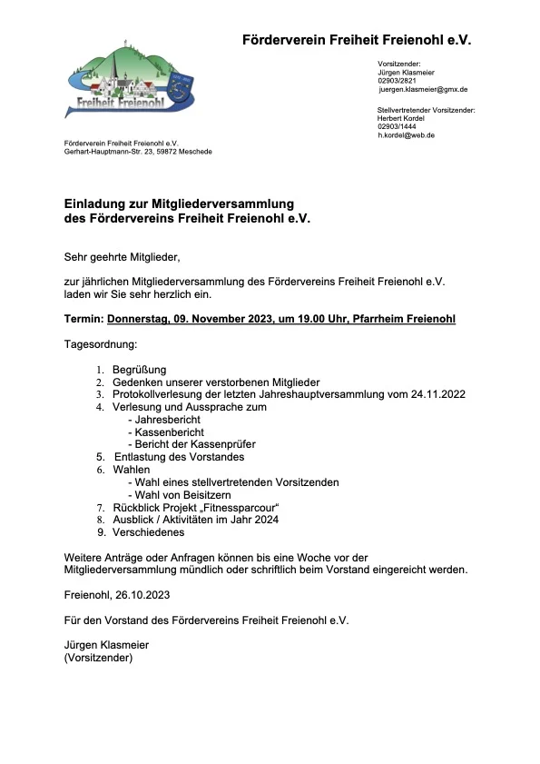 Mitgliederversammlung des Fördervereins Freiheit Freienohl e.V.