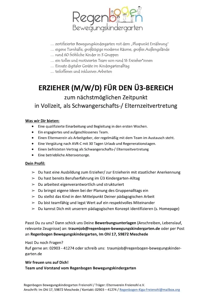 Stellenausschreibung für den Regenbogen Kindergarten